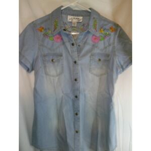Back In The Saddle Embroidered Denim Western Shirt Short Sleeve Size S‎
